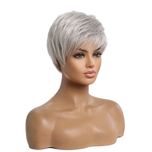 Short Silver Human Hair Blend Wigs - Picture 4 of 4